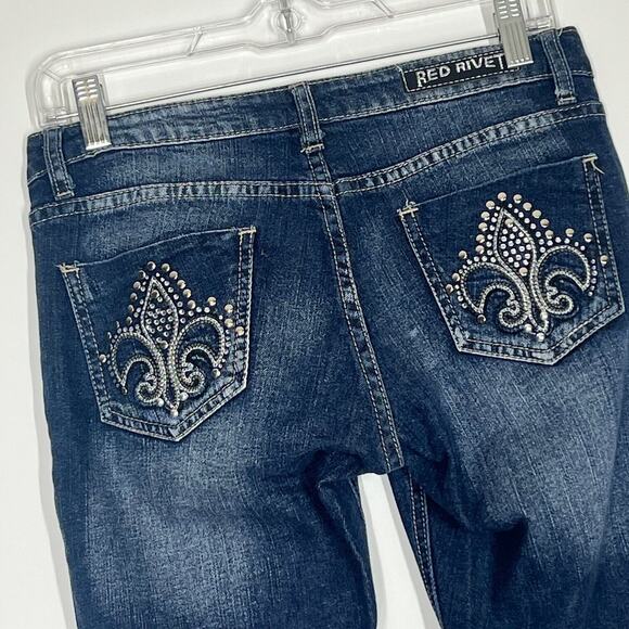 Red Rivet Skinny Jeans Womens 4 Blue Denim Embellished Rhinestones Pocket retro - Picture 4 of 8